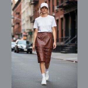 Vintage Bagatelle Genuine Leather Skirt Red Brown Casual Chic Midi
